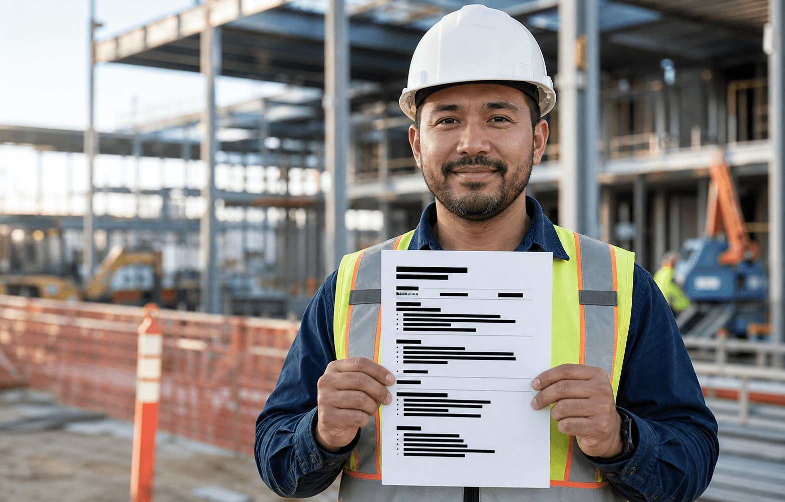Construction professional holding a résumé with private information redacted
